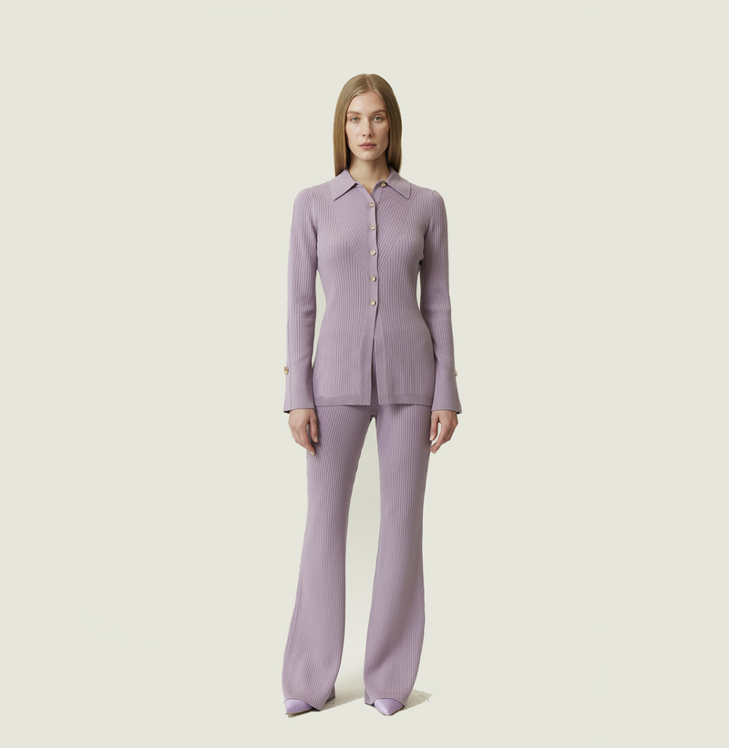 Wool ribbed pants in purple grey with flared legs. left-view