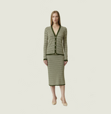 Wool striped cardigan in grass green and white with v neck. front-view