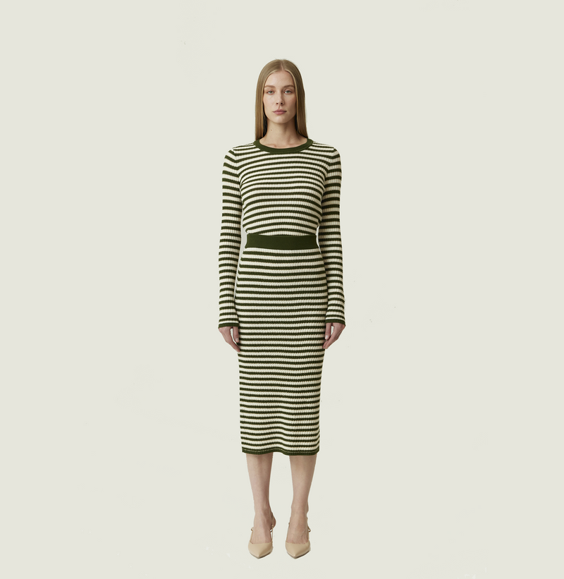 Wool striped long sleeve top in grass green and white. front-view