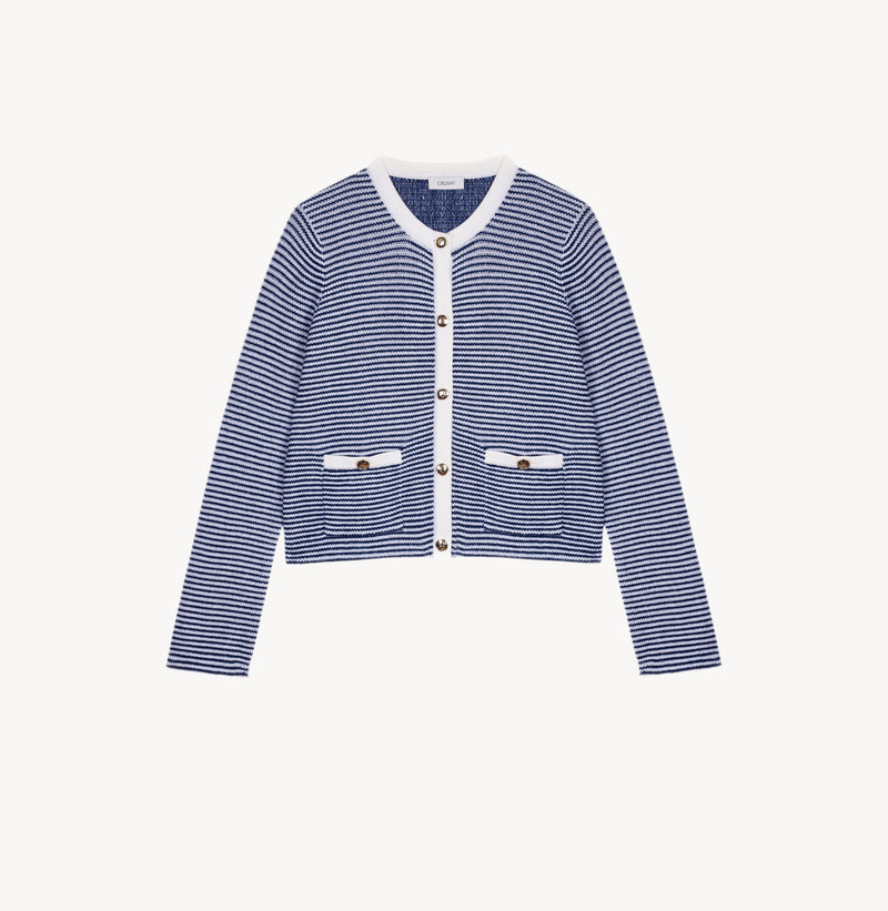 WOOL STRIPED CREWNECK CARDIGAN