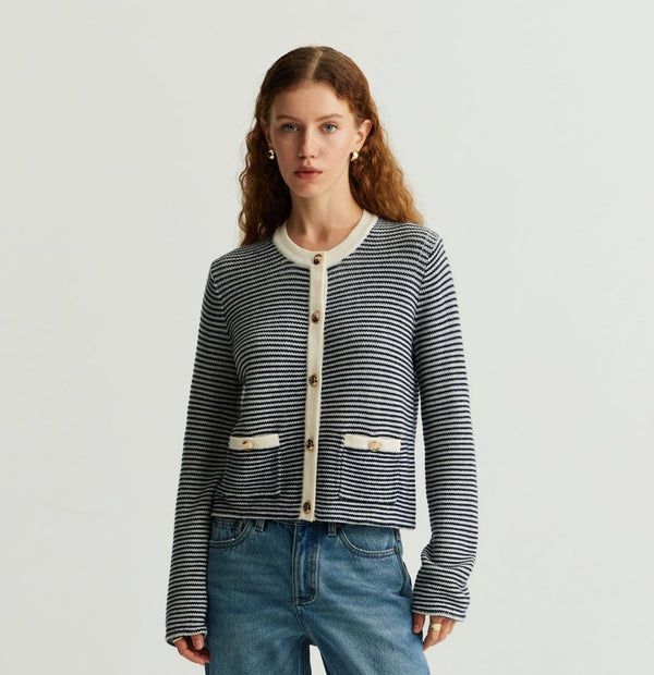 WOOL STRIPED CREWNECK CARDIGAN