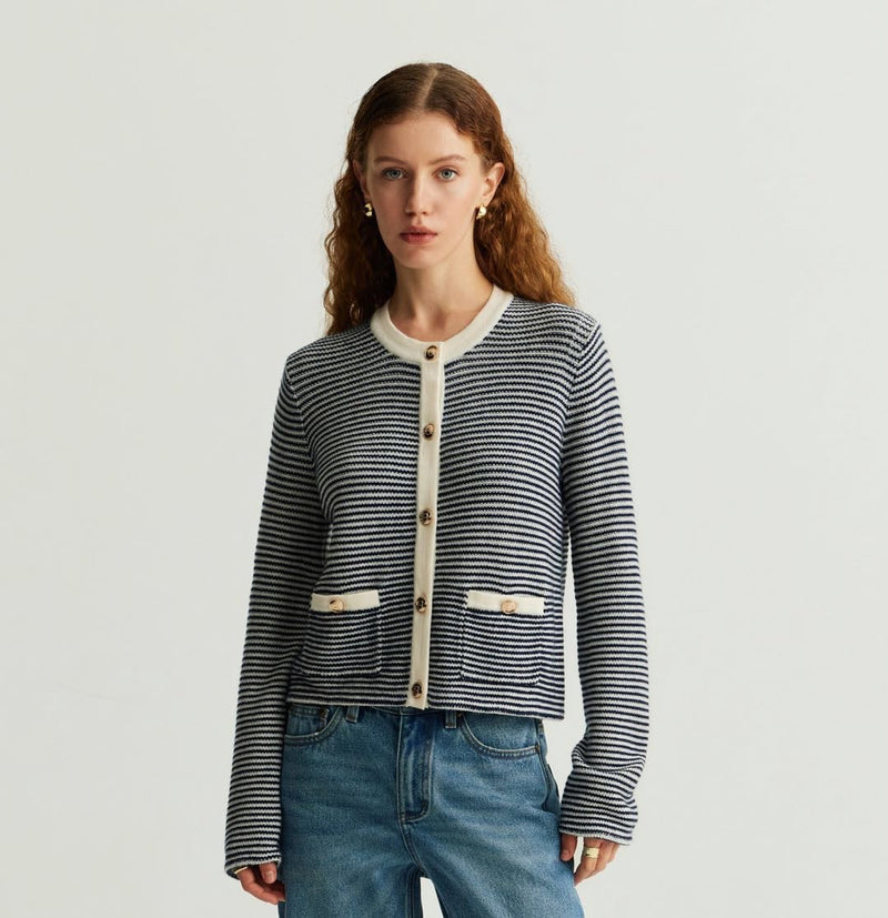 WOOL STRIPED CREWNECK CARDIGAN