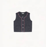Dark grey wool-cashmere vest with hand-crocheted trim and pearl embellishments.