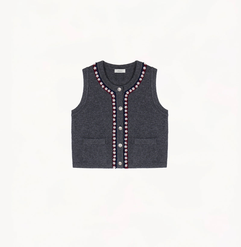Dark grey wool-cashmere vest with hand-crocheted trim and pearl embellishments.
