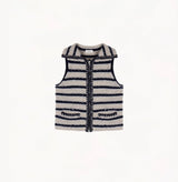 Blue/Chestnut bouclé wool vest for women with metallic threads, striped jacquard and hand-crocheted trims.