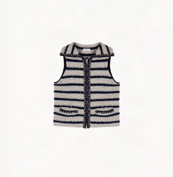 Blue/Chestnut bouclé wool vest for women with metallic threads, striped jacquard and hand-crocheted trims.
