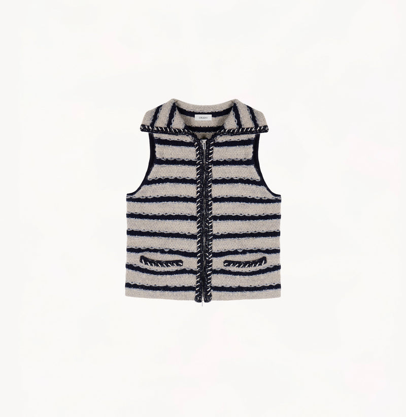 Blue/Chestnut bouclé wool vest for women with metallic threads, striped jacquard and hand-crocheted trims.