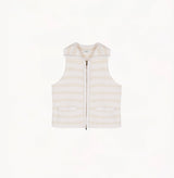 White bouclé wool vest with metallic threads, striped jacquard and hand-crocheted trims for women.