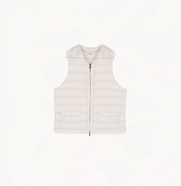 White bouclé wool vest with metallic threads, striped jacquard and hand-crocheted trims for women.