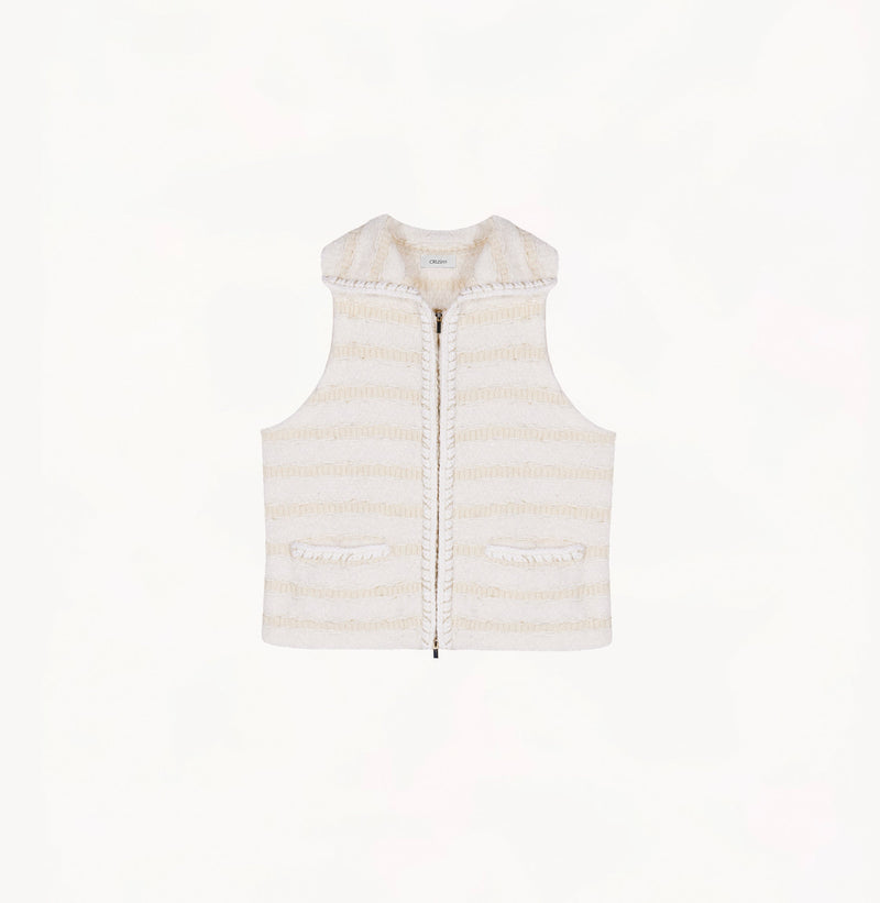 White bouclé wool vest with metallic threads, striped jacquard and hand-crocheted trims for women.