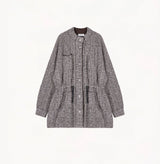 Dark grey wool bouclé zip-up blouson jacket with raglan sleeves and drawcord waist.