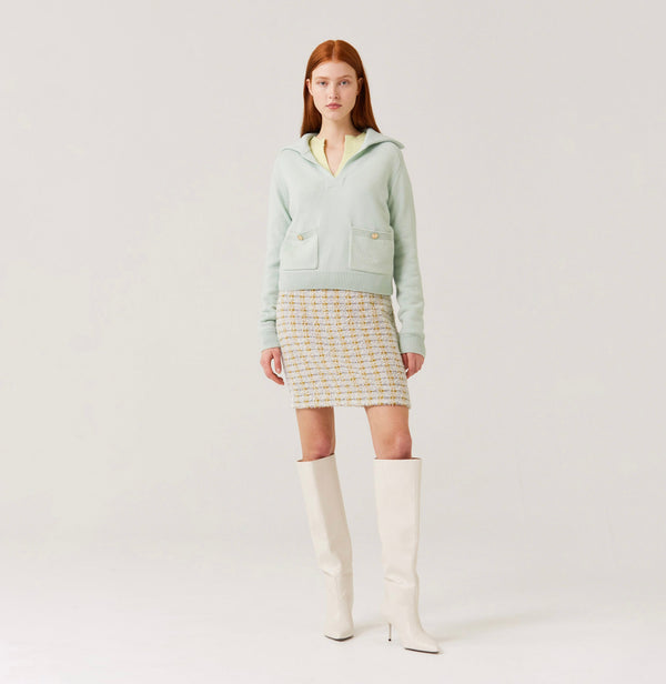 Cashmere sweater with lapel collar in mint green.