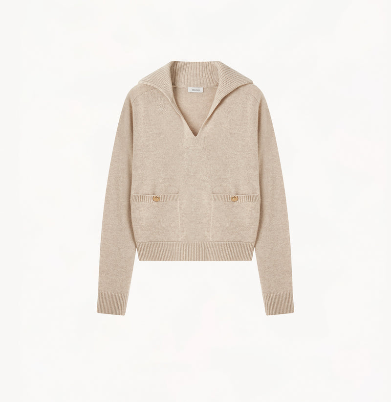 Cashmere sweater with lapel collar in beige.
