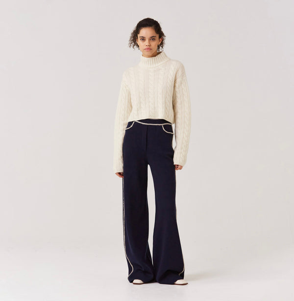 Wool high waisted wide leg pants in navy.