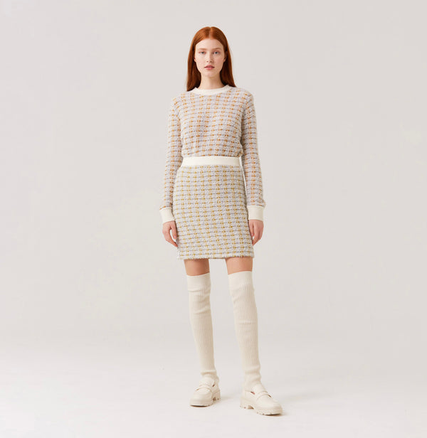 Wool boucle mini skirt in gingham green grey.