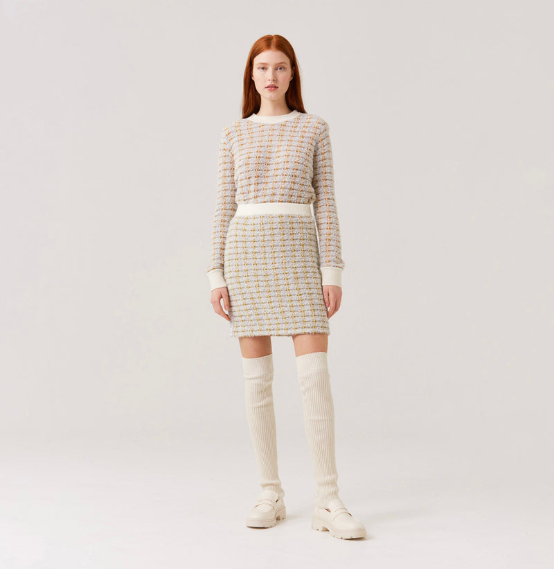 Wool boucle mini skirt in gingham green grey.