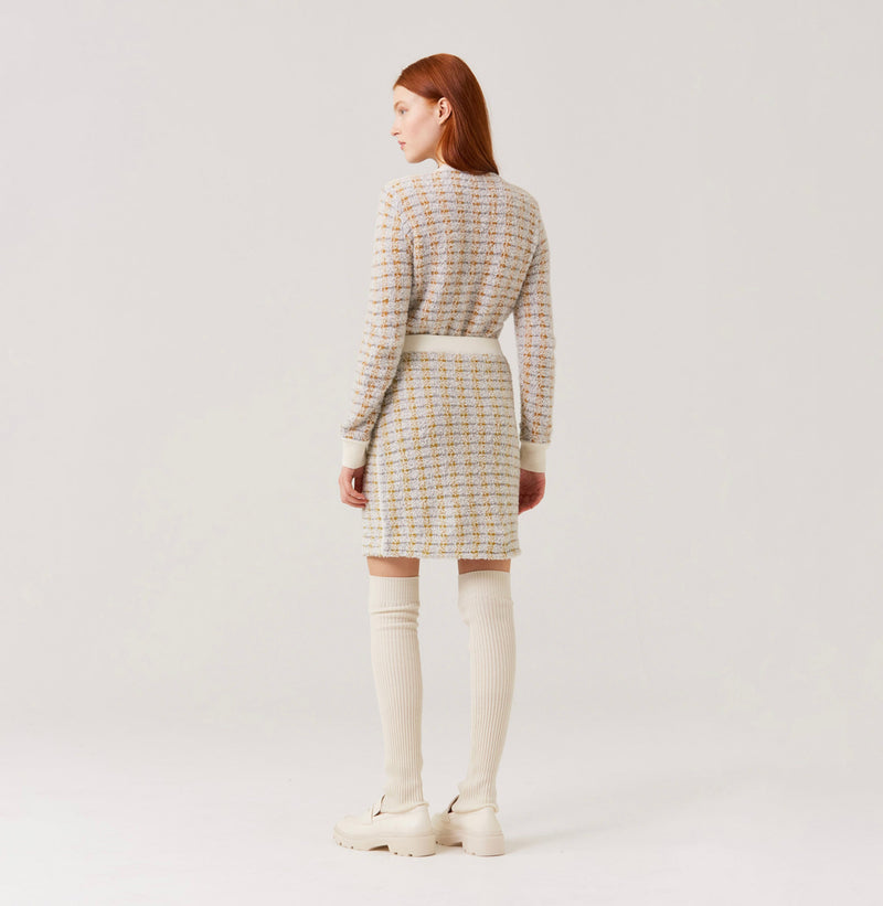 Wool boucle mini skirt in gingham green grey.