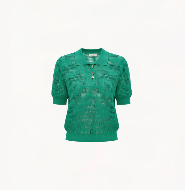 GOLD BUTTONS POINTELLE POLO TOP