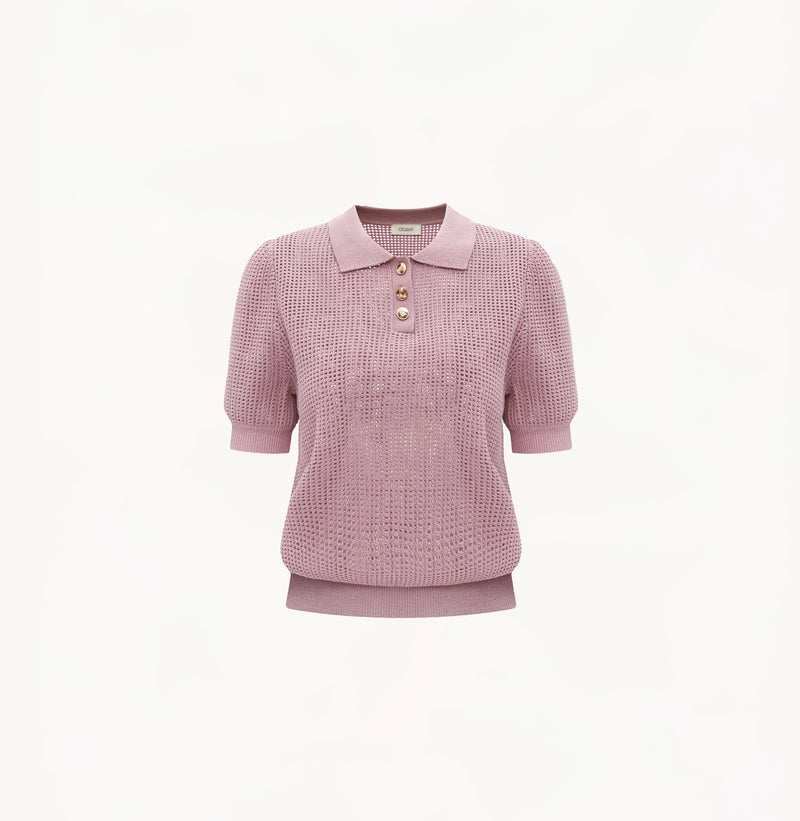 GOLD BUTTONS POINTELLE POLO TOP