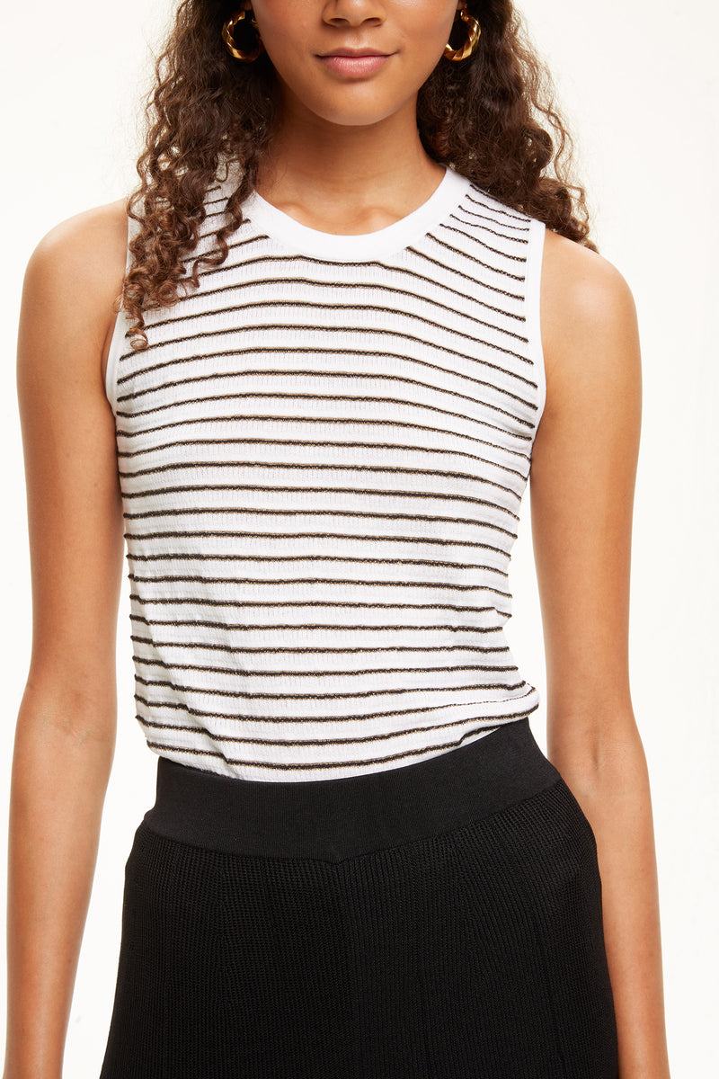 CRUSH collection, silk-cotton metallic stripe tank top, front closeup, black/white