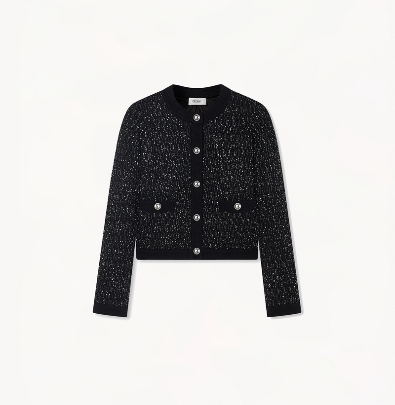 Sequined jacket with buttons in black.
