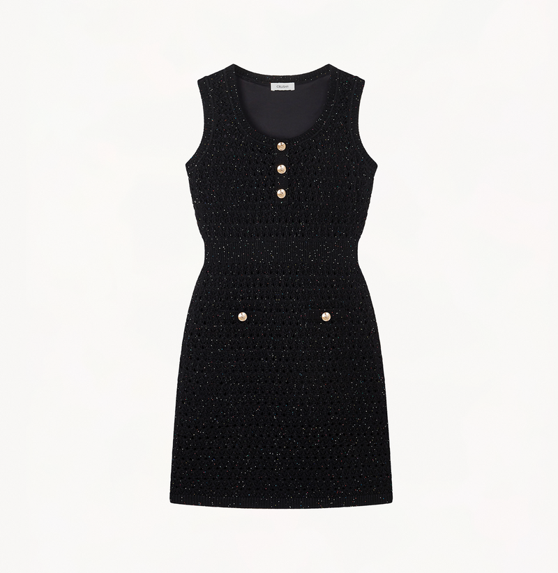 Hollow out dress with sequins in black.