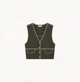 Wool v-neck vest with denim-look in army green.