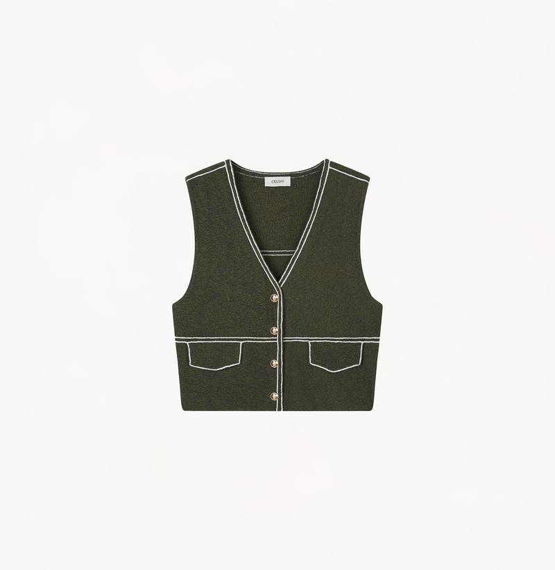 Wool v-neck vest with denim-look in army green.