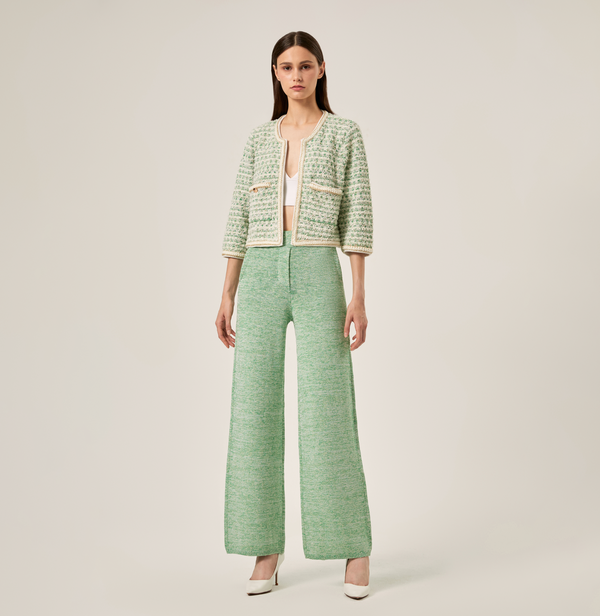 Checked bloucé tweed cropped jacket in green. front-view