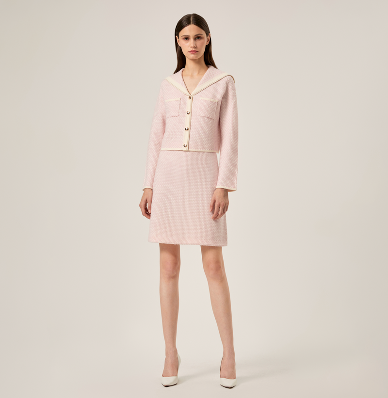 Wool bloucé tweed lapel cardigan with collar in light pink. front-view