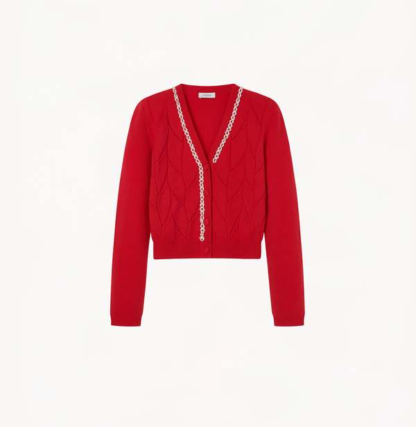 Cashmere beaded cardigan in chilli with leaf pointelle.
