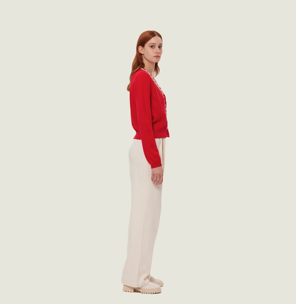 Cashmere beaded cardigan in chilli with leaf pointelle. right-view