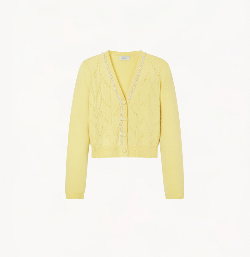 Cashmere beaded cardigan in moonlight yellow with leaf pointelle.