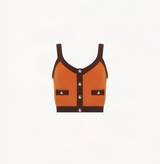 Cashmere button up tank top in caramel and brown colorblock.
