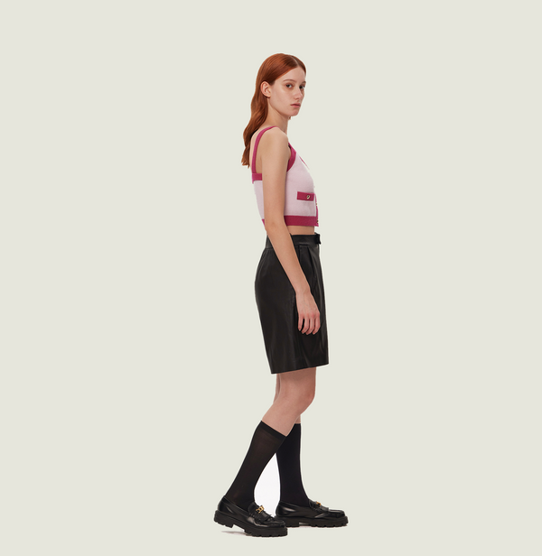 Cashmere button up tank top in pink and fushia colorblock. right-view