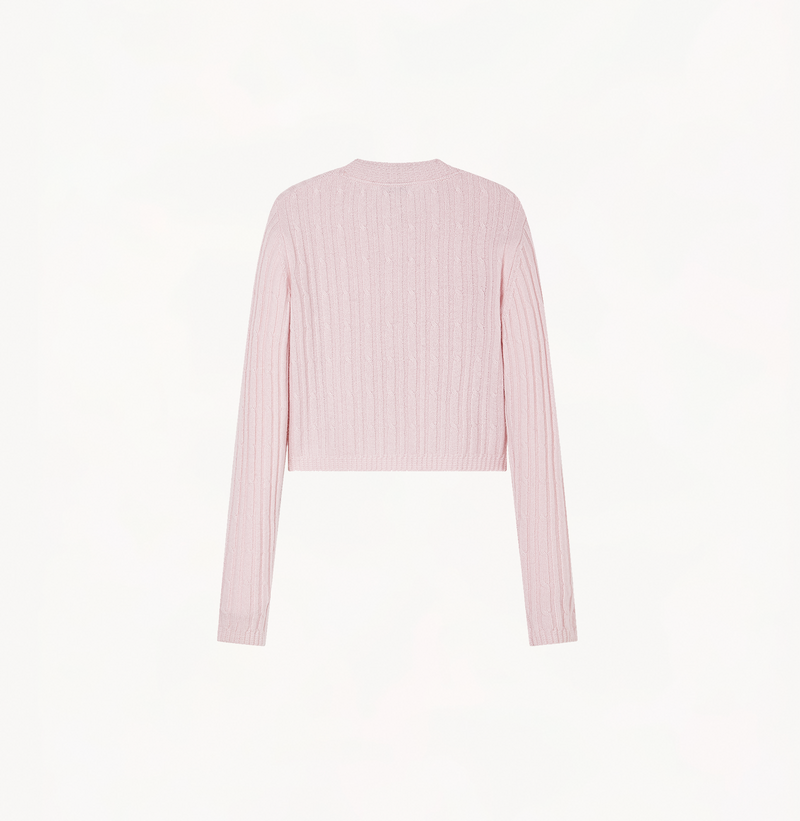 Cashmere cable-knit cropped cardigan in light pink.