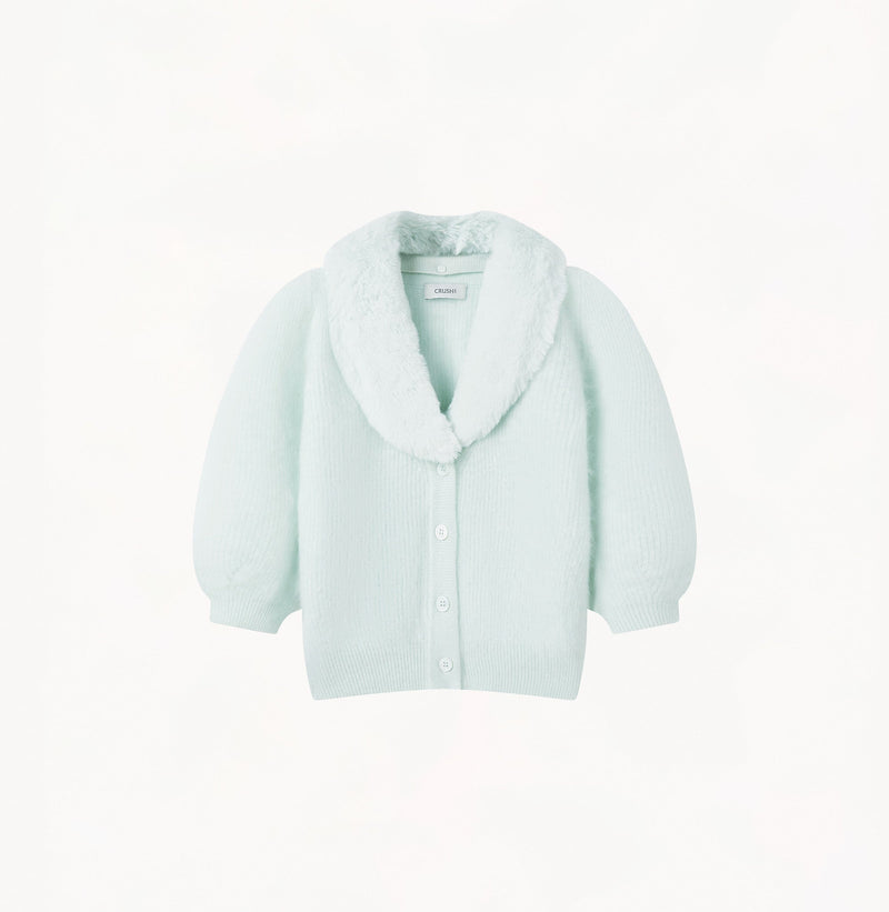 Cashmere puff sleeved cardigan with fur collar in mint green.