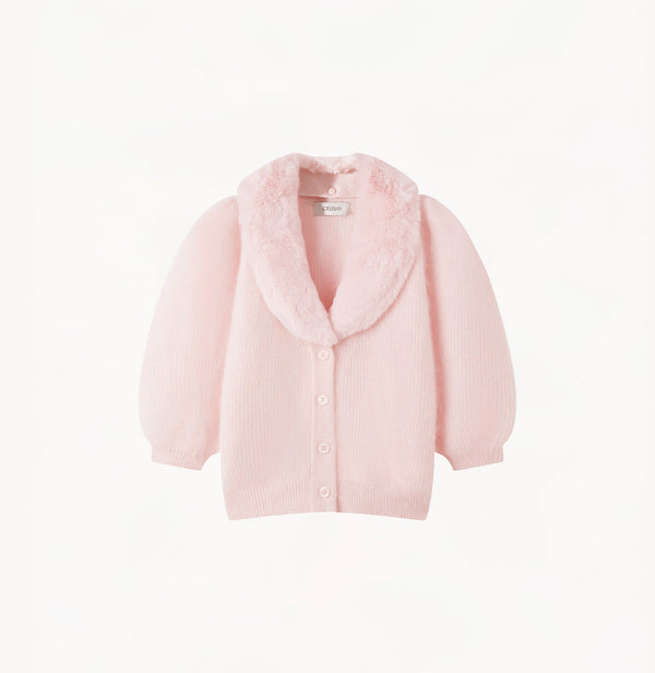 Cashmere puff sleeved cardigan with fur collar in light pink.