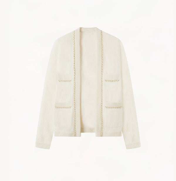 Cashmere open front cardigan with chain detailed pockets in white.