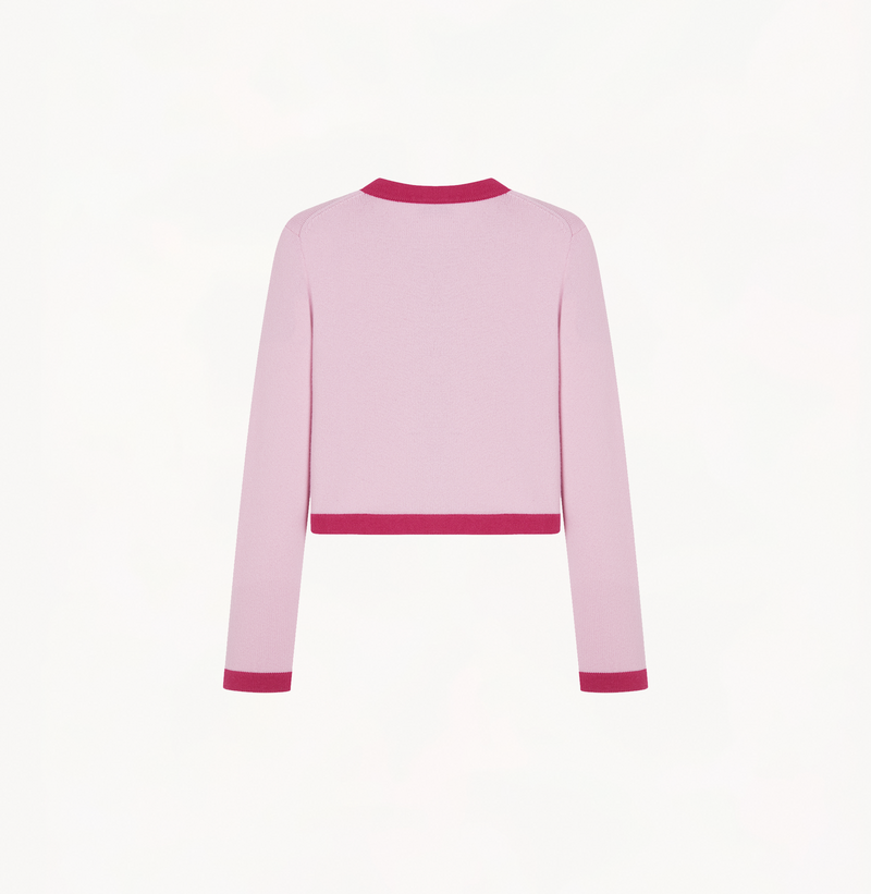 Cashmere colorblock cardigan in pink and fushia with crewneck.