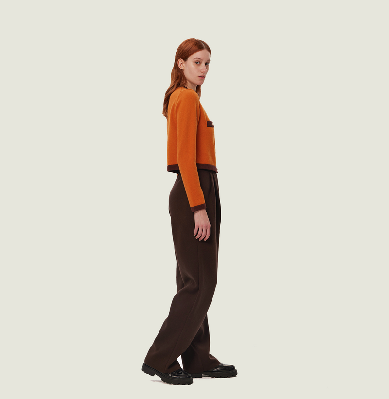 Cashmere colorblock cardigan in orange and brown with crewneck. right-view