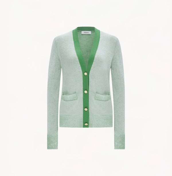Cashmere color-blocked V-neck cardigan in white and green.
