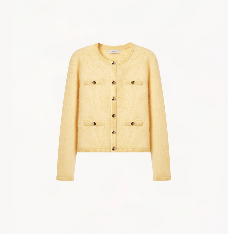 Cashmere crew-neck cardigan with crystal buttons in moonlight yelow