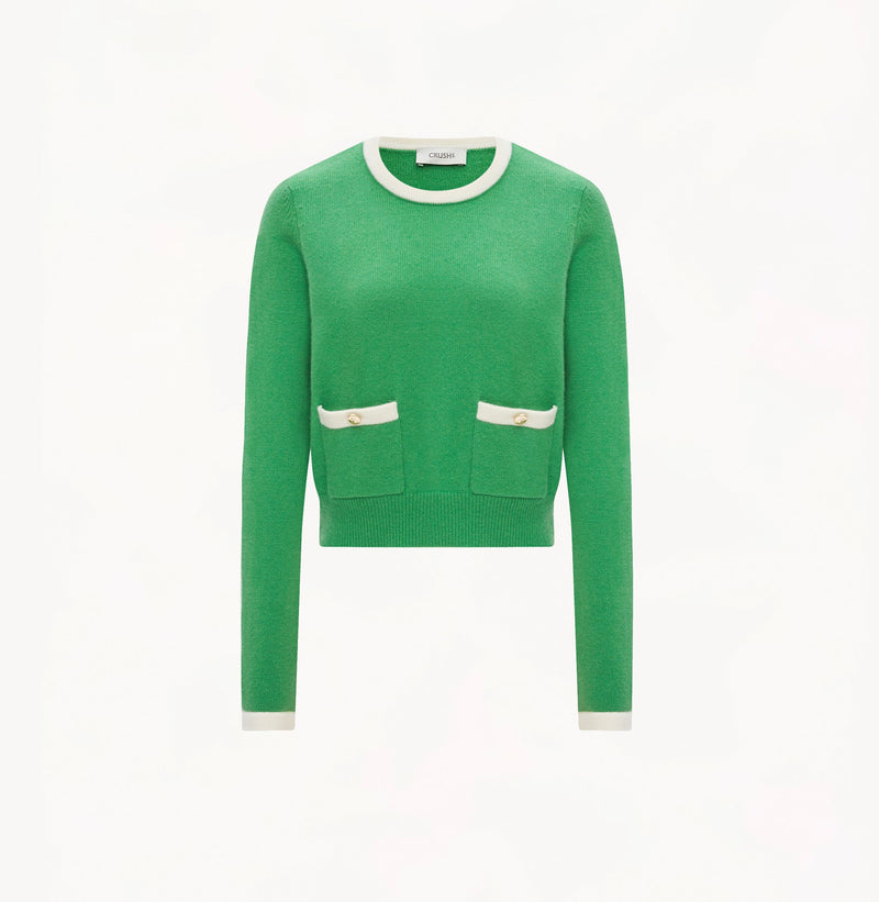 Long sleeves cashmere womens top in green color block.