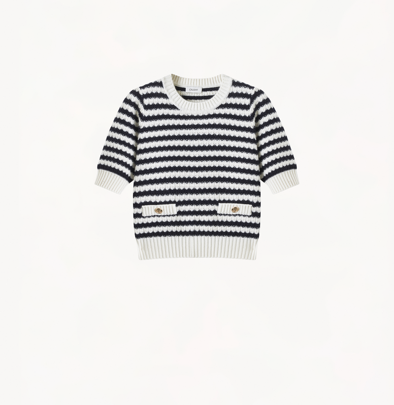 CASHMERE JACQUARD STRIPED PUFF SHORT-SLEEVED BLOUSE