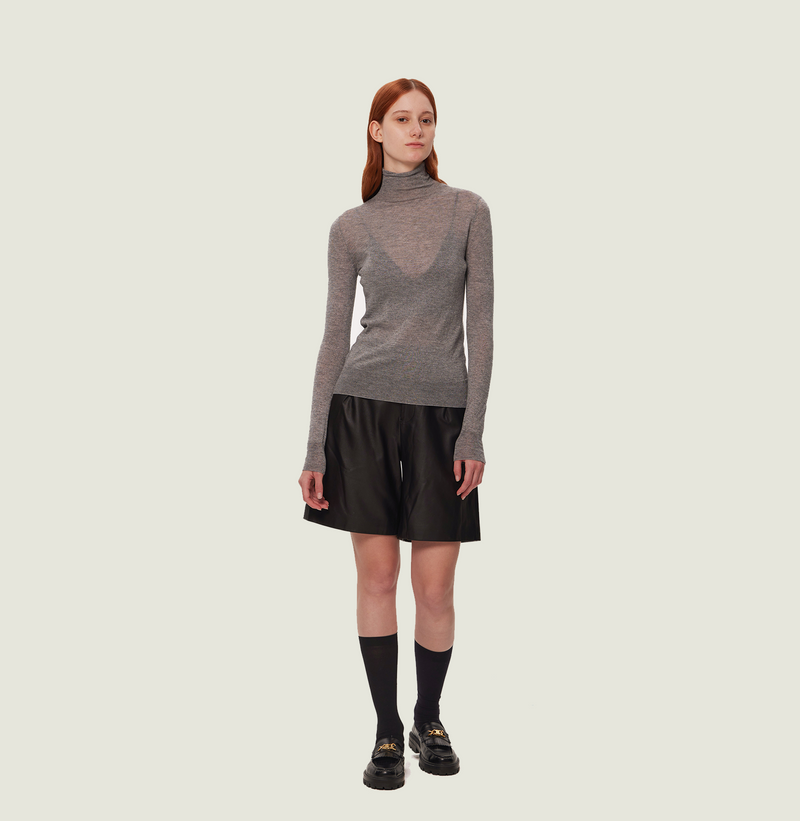 Cashmere metallic top in ash grey with turtleneck. left-view