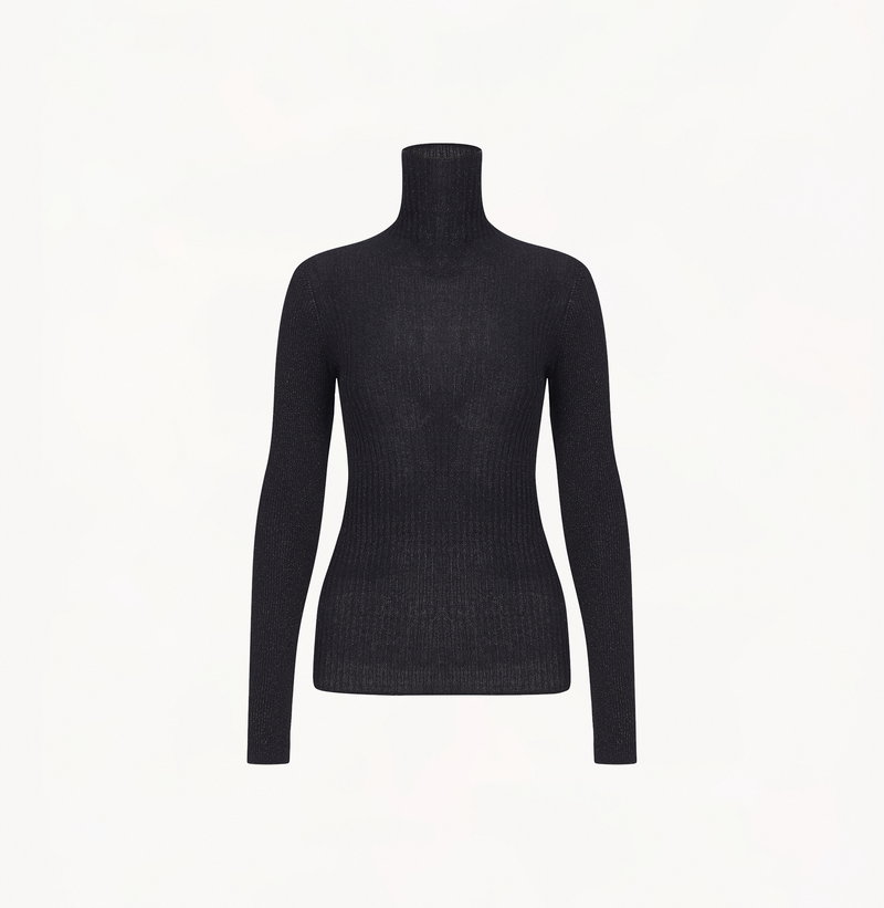 Cashmere ombre top in metallic black with turtleneck.