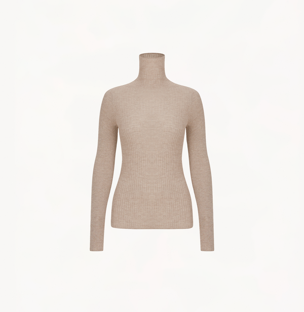 Cashmere ombre top in metallic champagne gold with turtleneck.