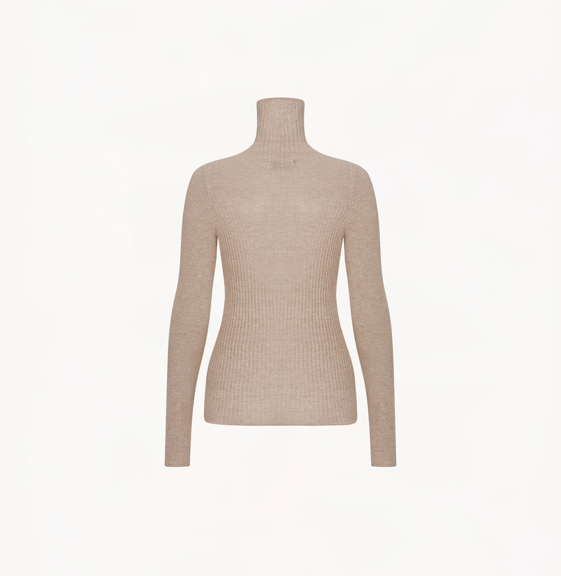 Cashmere ombre top in metallic champagne gold with turtleneck.