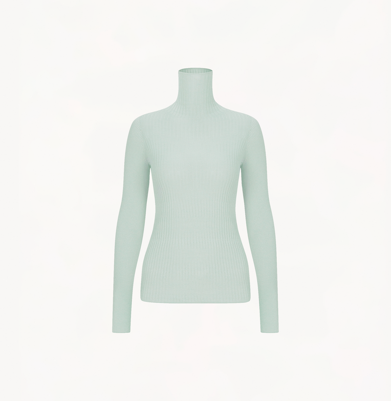 Cashmere ombre top in metallic mint with turtleneck.